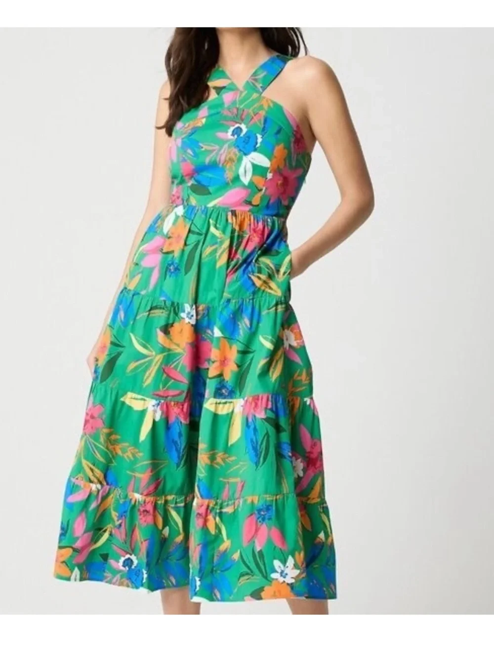 J crew Tiered Midi dress green floral size 0